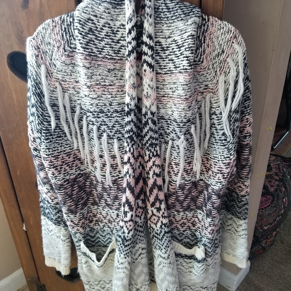 Pink white and black cardigan w/ pockets and hood